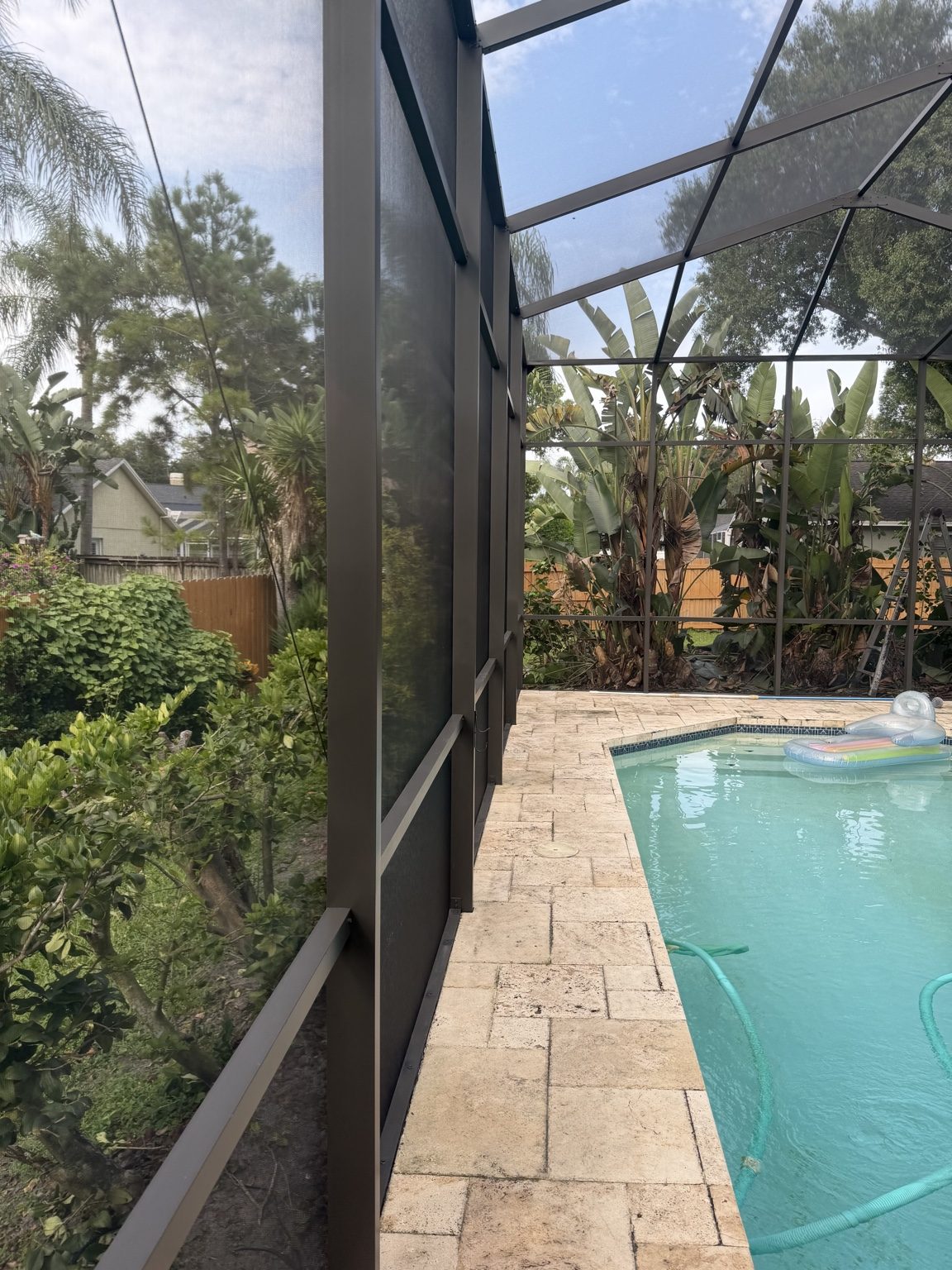 Finished dark bronze pool cage restoration in Carrollwood Tampa Florida